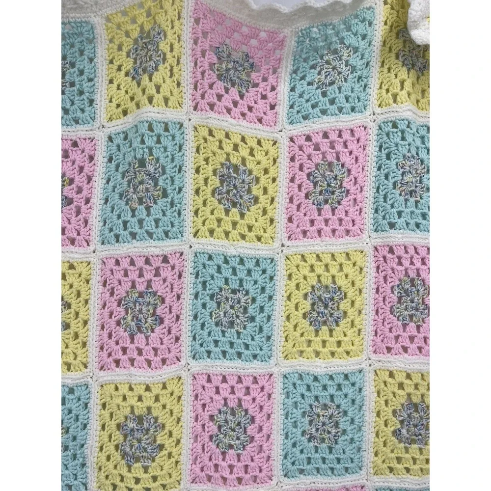 Vintage Pastel Afghan Granny Square Crocheted Baby Blanket Handmade 59 x 46